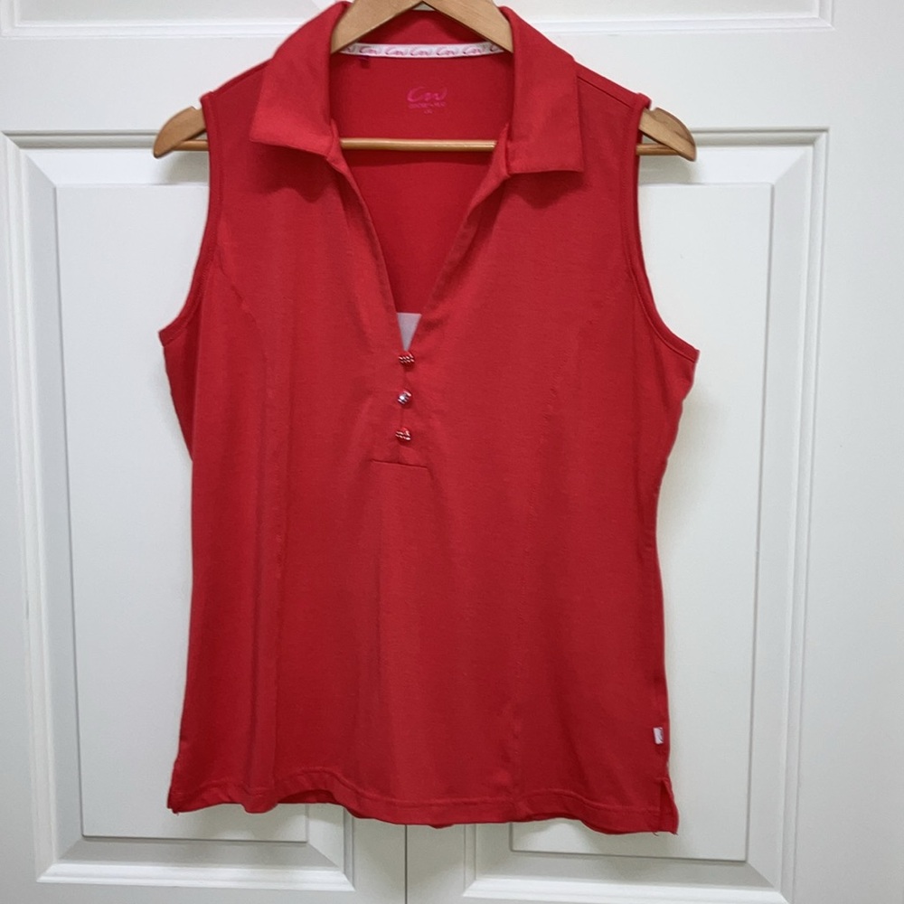 Cracked Wheat golf shirt, sleeveless, collared, V-neck, rhinestones, orange-red